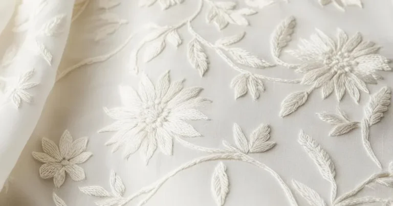 Close-up of white-on-white chikankari embroidery showing raised floral motifs stitched on fine sheer fabric