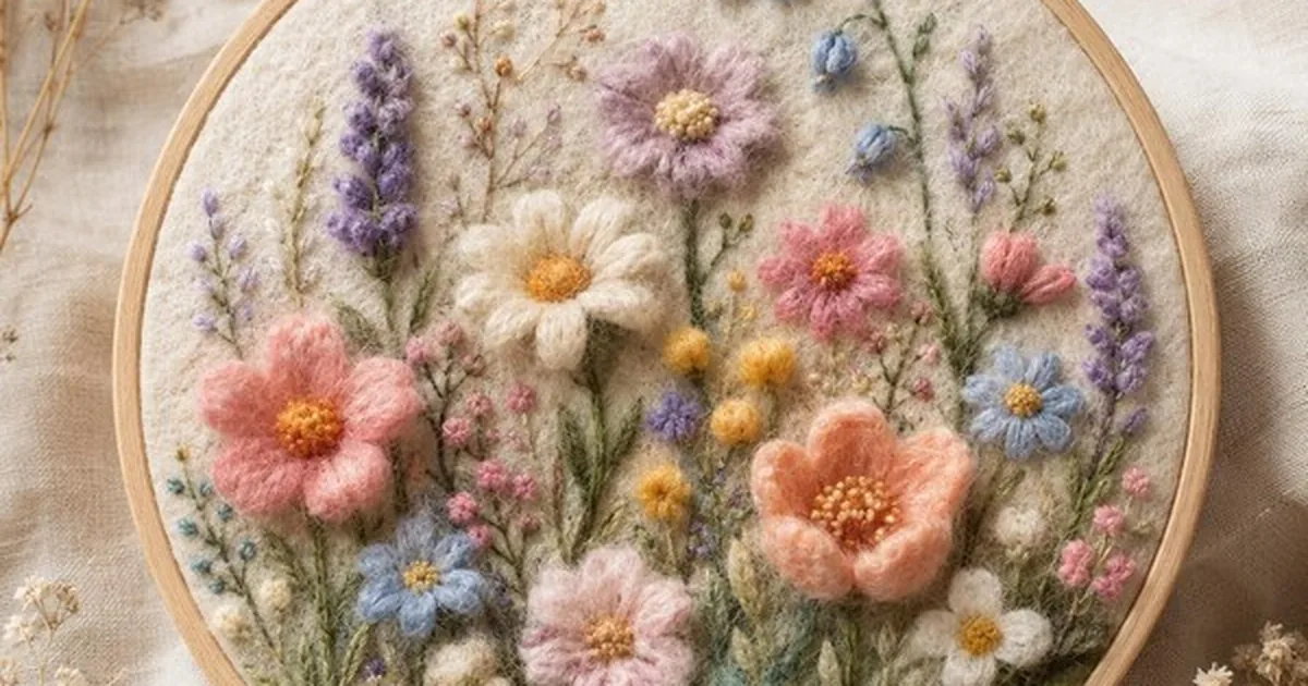 A round embroidery hoop filled with pastel hand-stitched flowers — daisies, lavender and cosmos