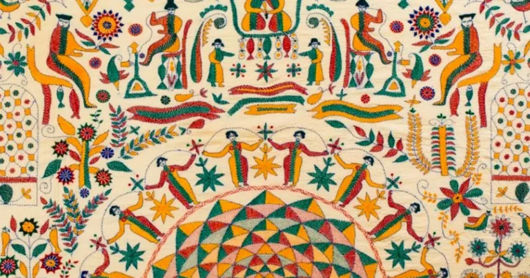 Nakshi kantha quilt with colorful figurative running-stitch embroidery depicting people, animals and geometric motifs