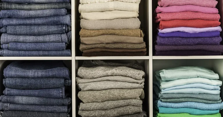 Neatly folded handmade clothes stacked in organized wardrobe shelves
