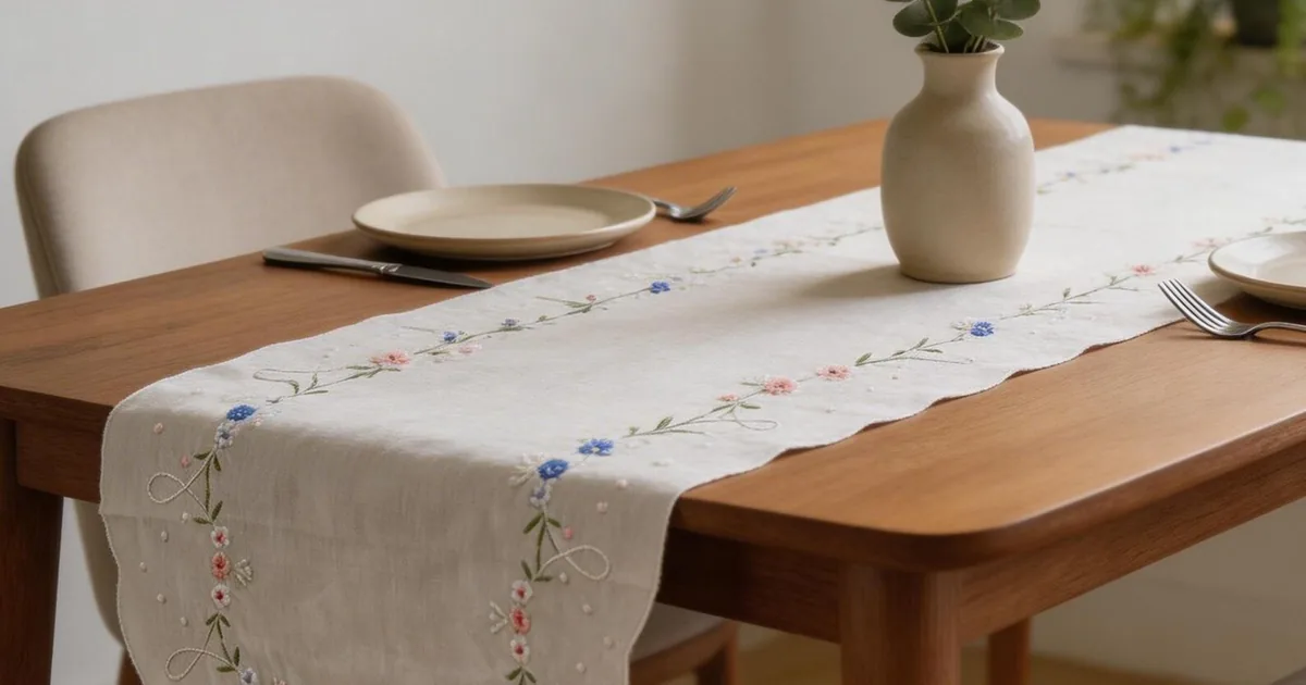 A white hand-embroidered table runner with a floral vine border laid on a wooden dining table