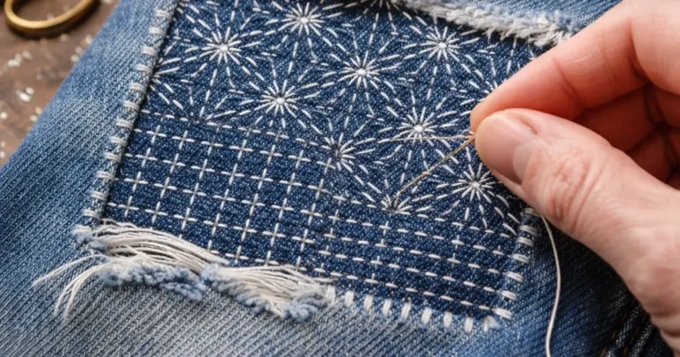 Sashiko visible mending stitches repairing a pair of jeans